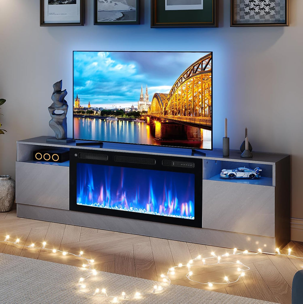 Fireplace TV Stand with 36" Electric Fireplace, LED Light Entertainment Center, Modern Wood Texture Entertainment Stand with Highlight Storage Cabinet for TVs Up to 80", 70 inches, Gray