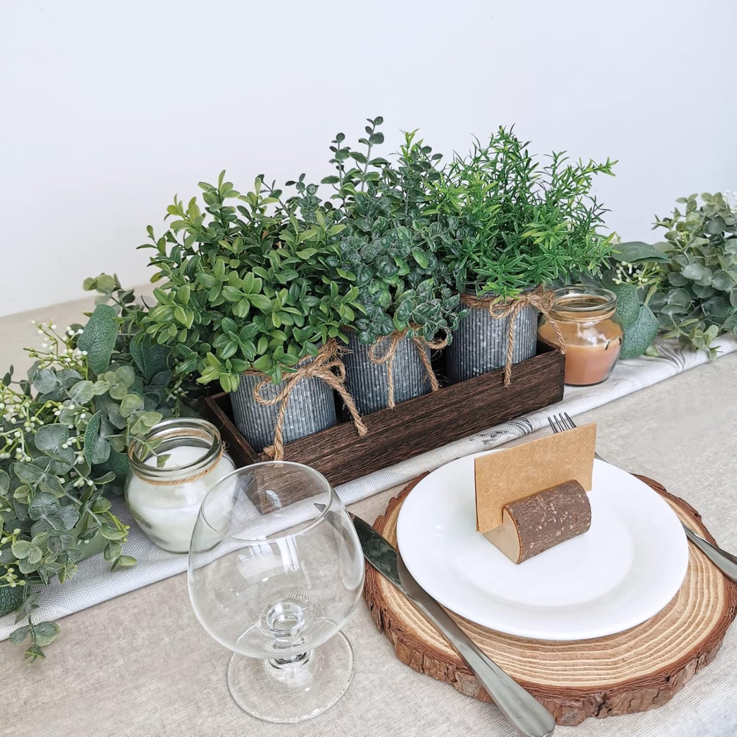 Set of 3 Mini Potted Faux Plants in Rustic Metal Pots with Wood Box I93224