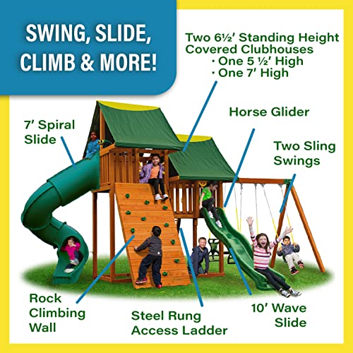 Cedar Wood Swing Set with Clubhouse, Rock Wall, and Spiral Slide V766