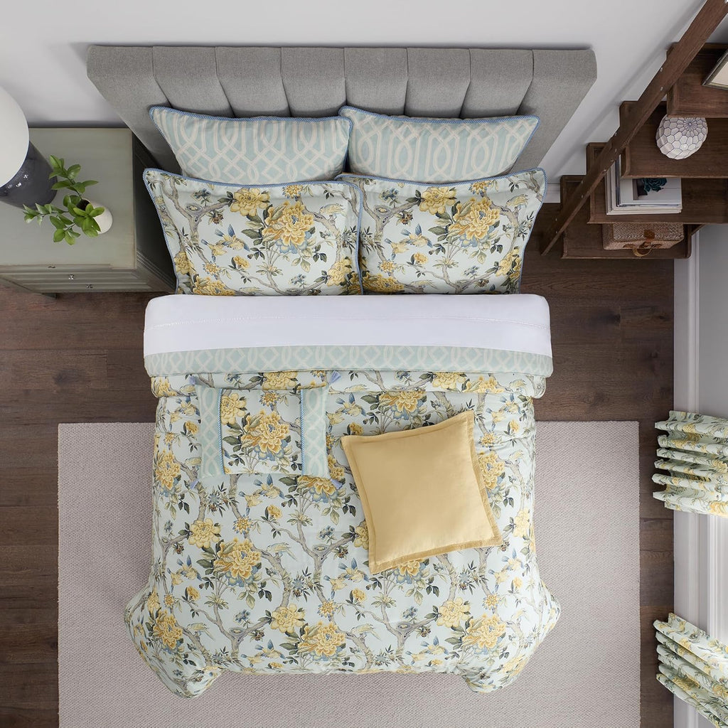 Peony Gardens 4 Piece Cotton Comforter Set, Queen Bed Set, Blue R225
