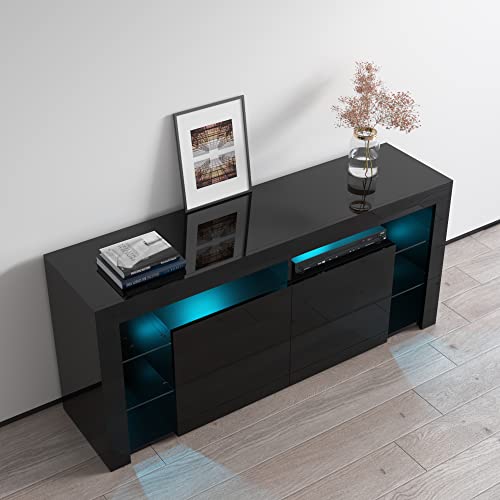 TV Stand for TVs up to 70", Modern High Gloss Entertainment Center with Storage and LED Lights U818