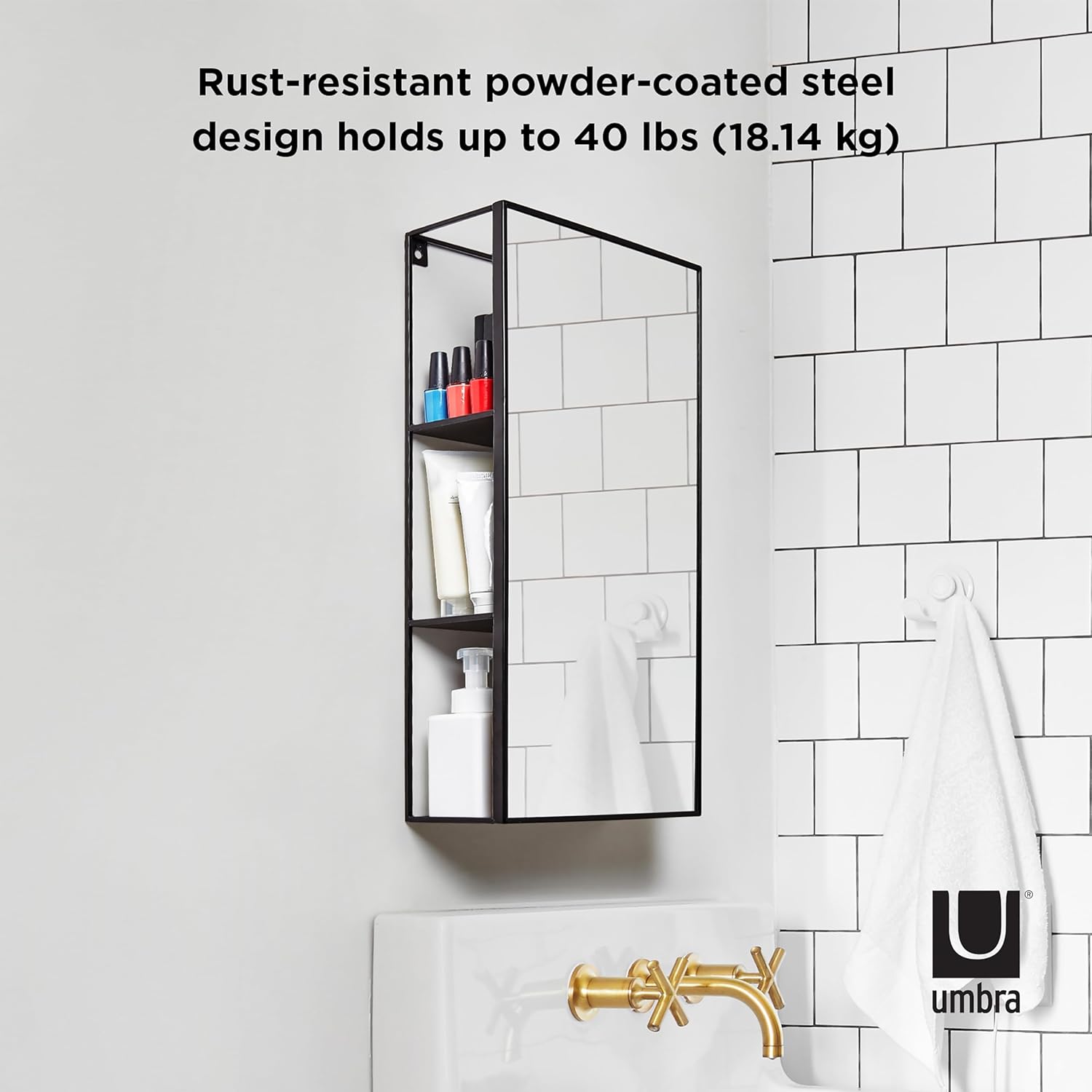 Black Metal Bathroom Mirror Storage Cabinet with 3 Shelves G8110