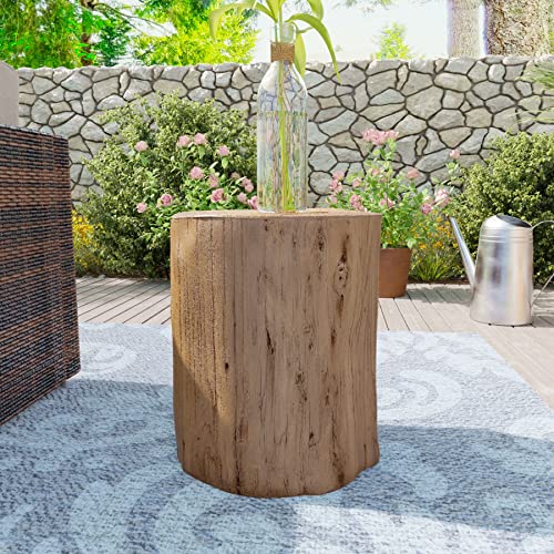 Rustic Stump Side Table, Light Grey Wood-Look Accent Stool D4547