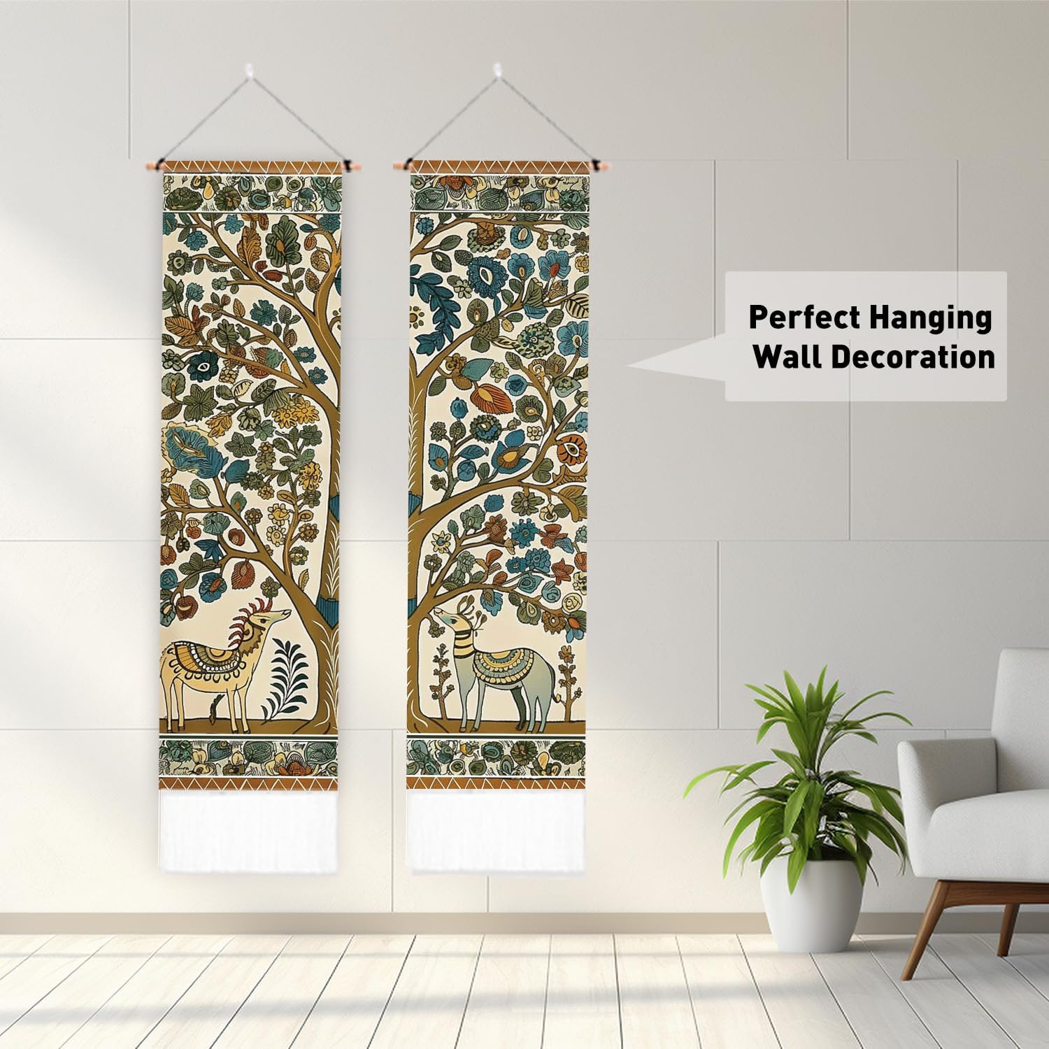 Deer and Tree Tapestry, Folk Art Style Wall Hanging with Tassels T7203