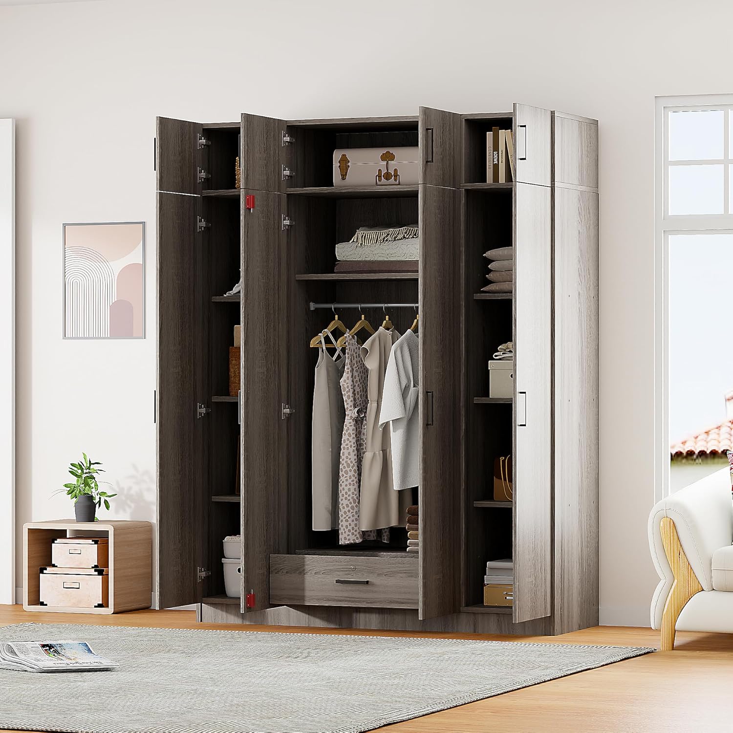 4-Door Armoire Wardrobe with Drawer and Top Cabinet, Storage Organizer w/Shelves & Clothing Rods, 80.8" H Wooden Freestanding Closet for Bedroom, Gray
