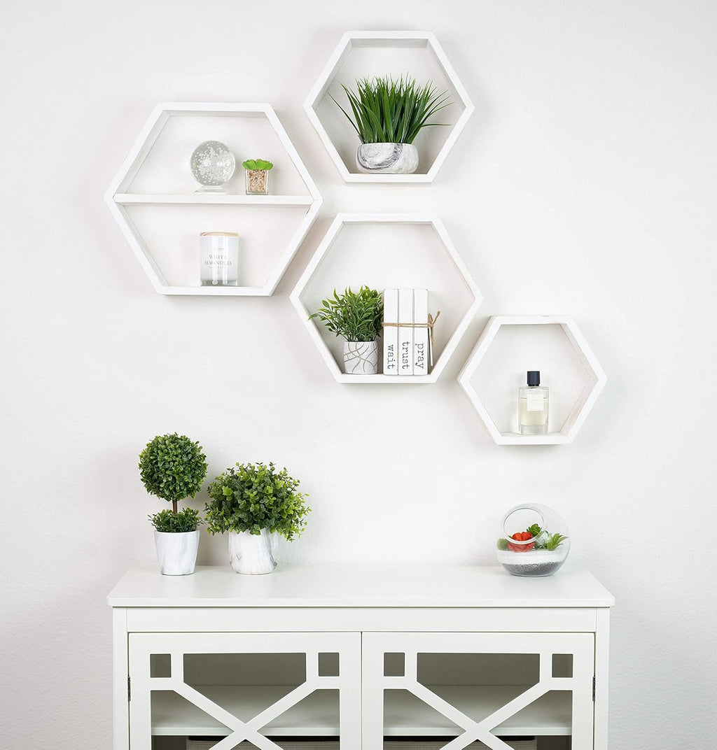 Extra Large Hexagon Floating Shelves Set of 4, Rustic White F56591