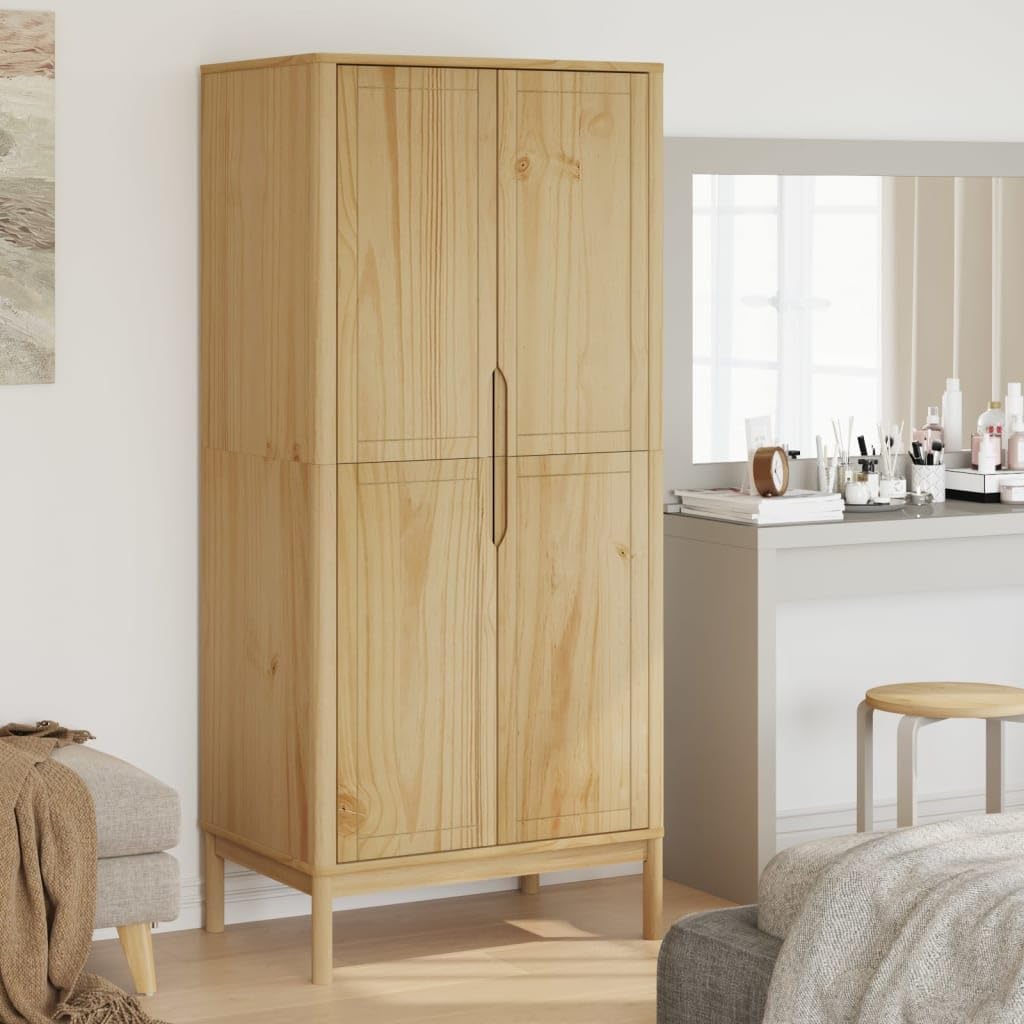 Wardrobe Solid Pine Wood Wax Brown with Wooden Legs P476368
