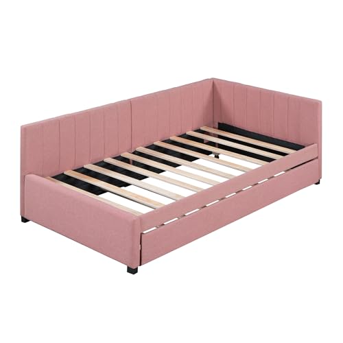 Upholstered Daybed with LED and Trundle, Teddy Fleece Sofa Bed for Kids, Bedroom, Dorm V2020