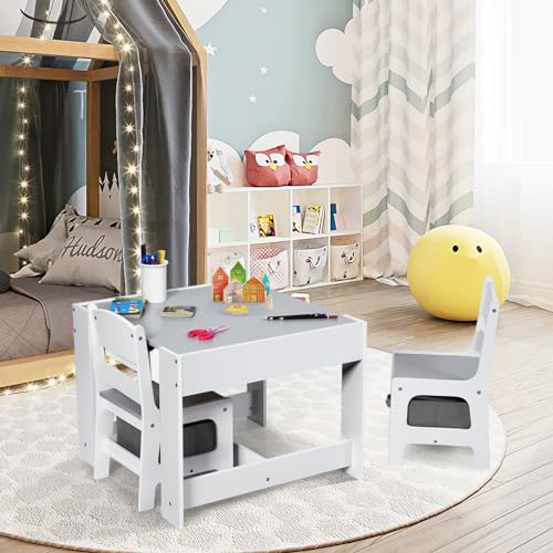 Kids Table and Chairs 3-in-1 Craft Table with Storage, Detachable Tabletop, Removable Blackboard T538236