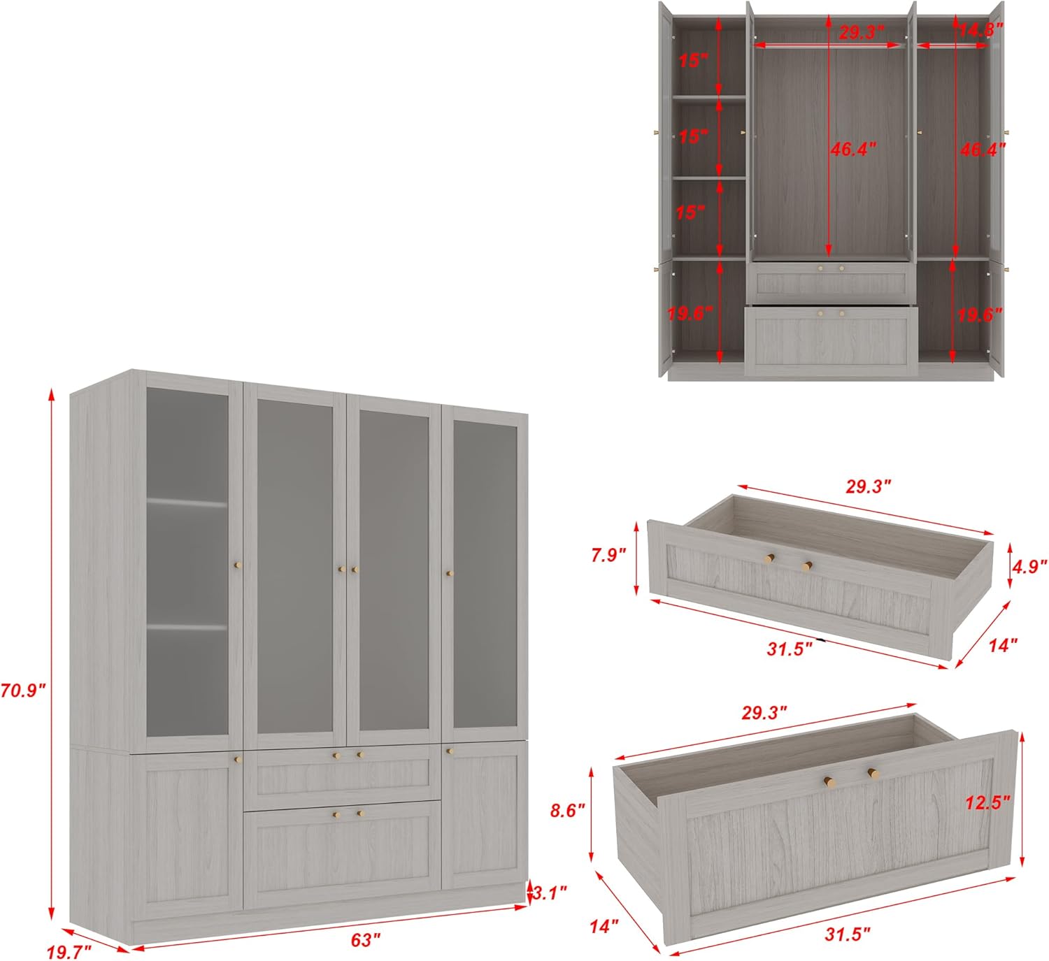 Armoire Wardrobe Closet with 4 Frosted Glass Doors, Hanging Bars, Shelves & Drawers O927454