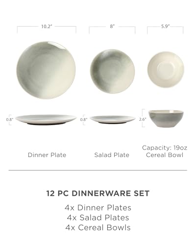 12-Piece Dinnerware Set for 4, Stoneware Plates and Bowls, Microwave and Dishwasher Safe C3998