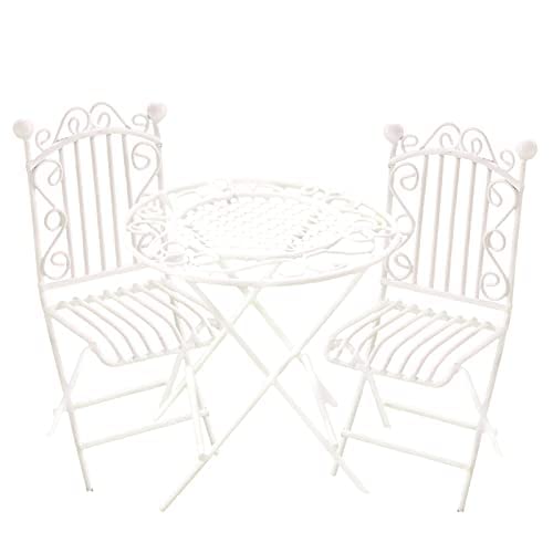 Miniature Bistro Table & Chairs Set White Metal 1:12 Scale Coffee Tea Furniture B4287