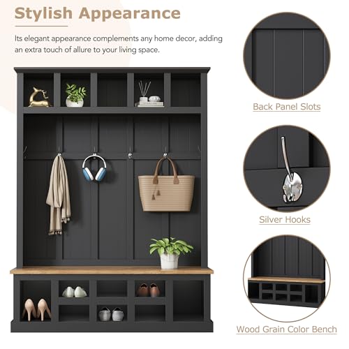 Wide Entryway Hall Tree with Storage Bench and 6 Hooks, Black J9244