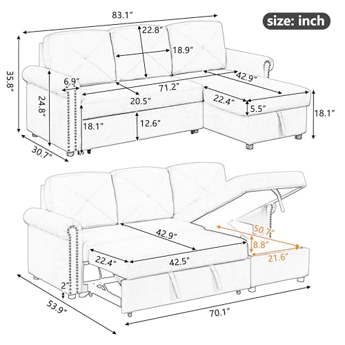 L Shaped Convertible Sleeper Sectional Sofa with Storage Chaise and Pull-out Bed, Velvet Upholstered, Gray O7399
