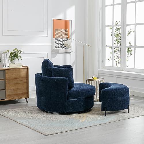 Swivel Accent Barrel Chair and Half with Chenille Upholstered Storage Bench Ottoman, Beige V5127