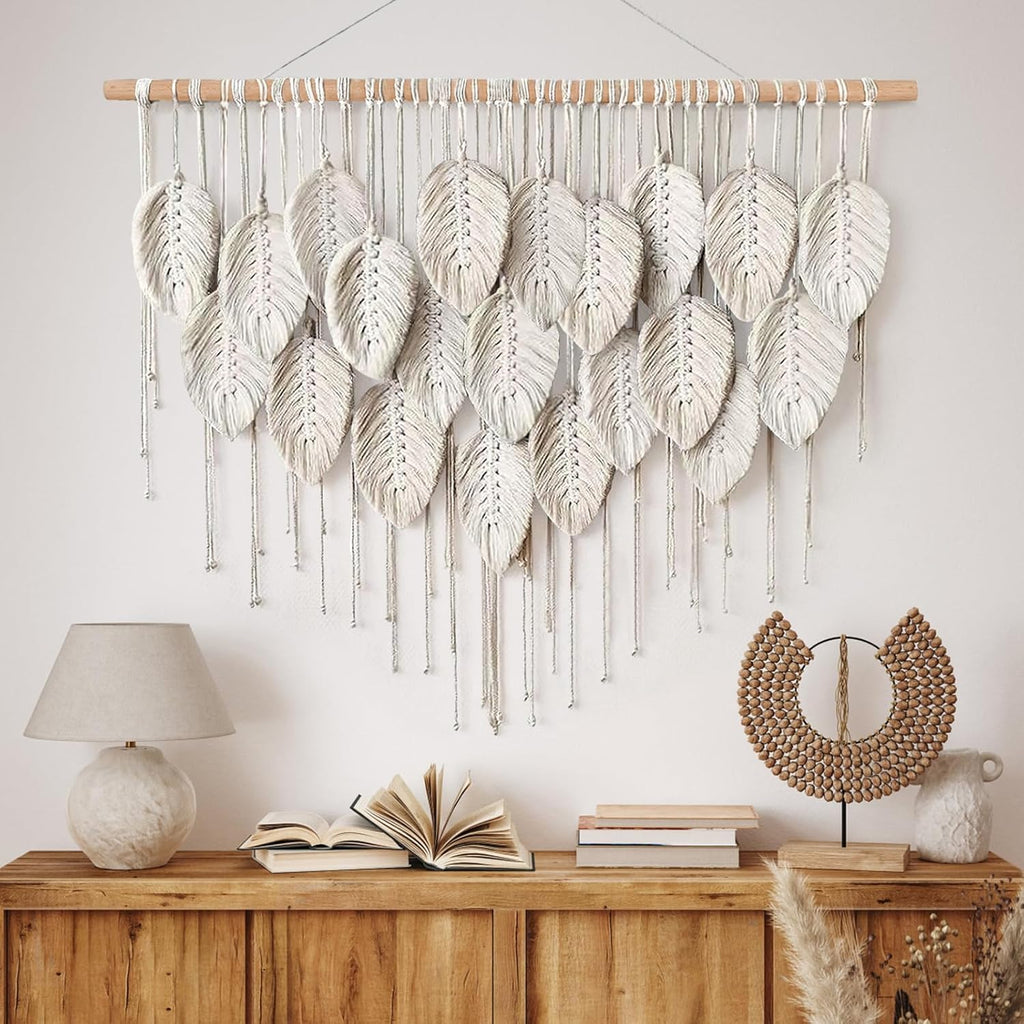 Macrame Wall Hanging Boho Beige Leaves Tapestry Handmade Woven Wall Art X26303