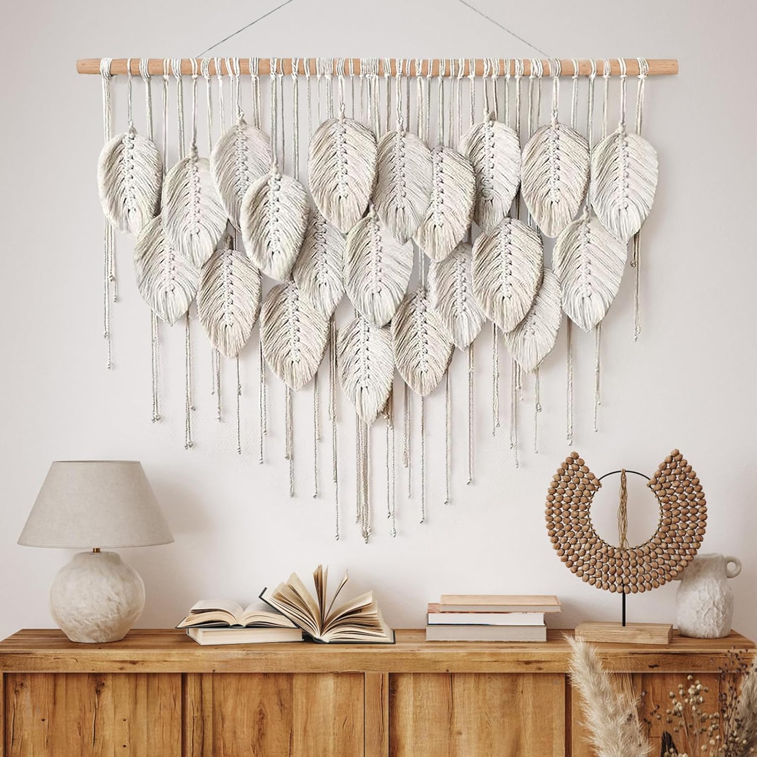 Macrame Wall Hanging Boho Beige Leaves Tapestry Handmade Woven Wall Art X26303