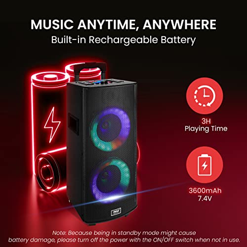 Portable Bluetooth PA Speaker System with Dual 8" Drivers, Rechargeable, Party Light, Wireless Mic, Wheels M54528