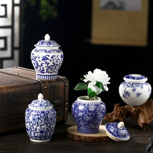 Set of 4 Small Blue and White Porcelain Vases for Tabletop Decor O5357