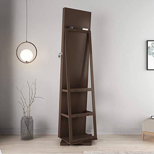 Rotating Jewelry Cabinet with Mirror, Full Length Wooden Storage Armoire with Lock J1222