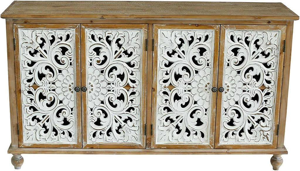 Accent Cabinet with 4 Doors, Wood Carved Floral Storage Sideboard Z52452