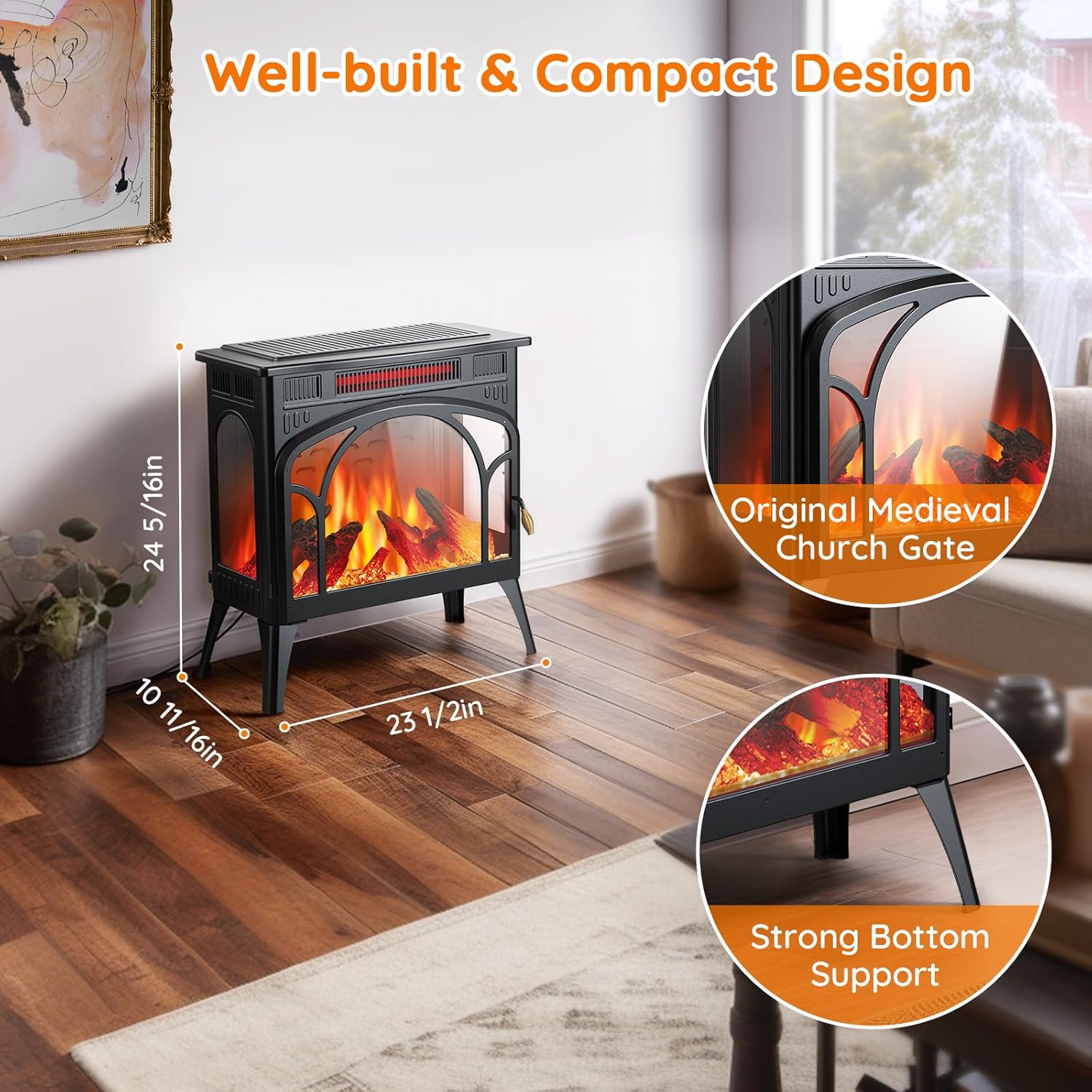 Electric Fireplace Heater, 1500W Infrared with 3D Flame Effect and Remote Q272199