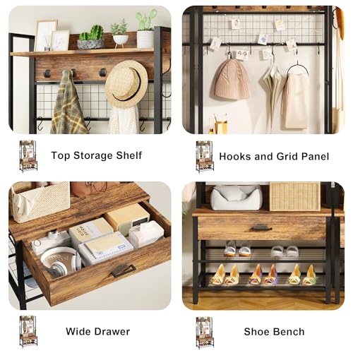 Hall Tree with Bench and Shoe Storage for Entryway, 5-in-1 Coat Rack with 12 Hooks B38564