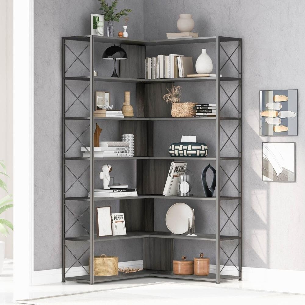 L-Shaped Corner Bookcase with Open Storage O488