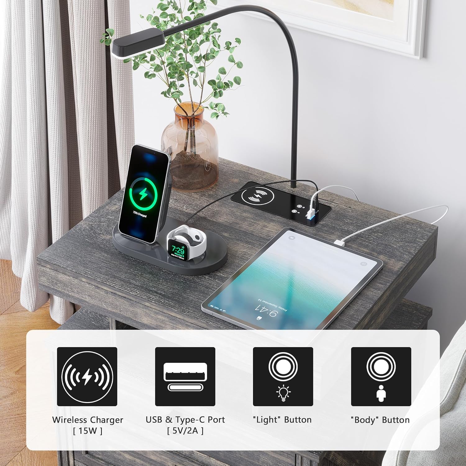 Nightstand Side Table with Wireless Charging Station and 2 Drawers J6619