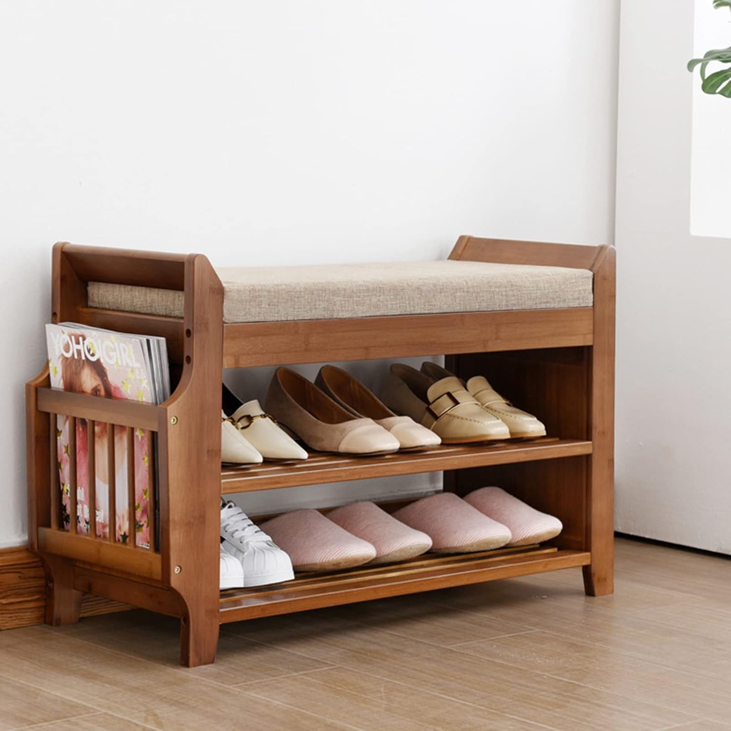 Bamboo Shoe Bench with Seat Cushion and Storage Shelf Y318