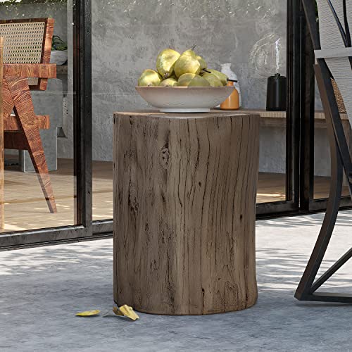 Rustic Stump Side Table, Light Grey Wood-Look Accent Stool D4547