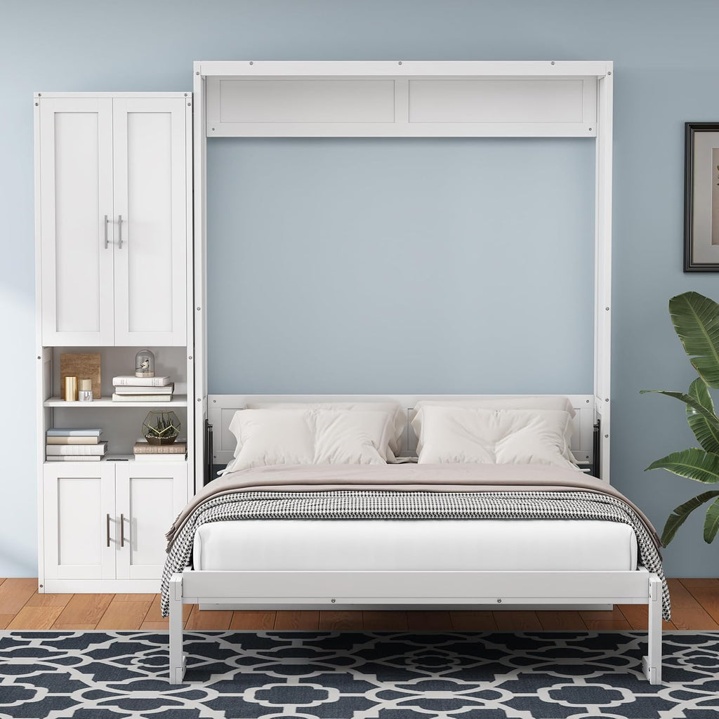 Queen Size Murphy Bed Chest with Desk and 1 Side Storage Cabinet Shelves, Solid Pine Wall Bedframe Foldable with USB Port, Space Saving, for Bedroom Living Room Guestroom, White