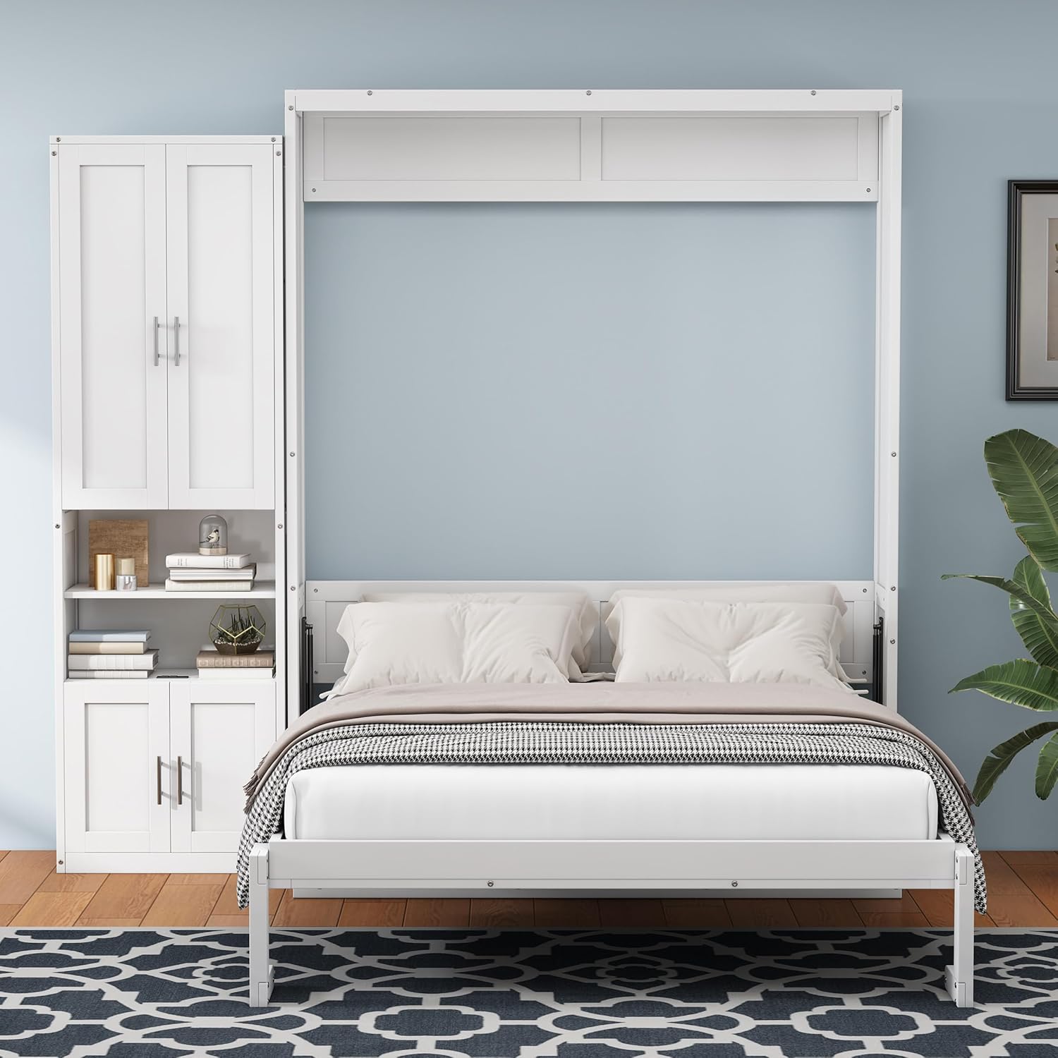 Queen Size Murphy Bed Chest with Desk and 1 Side Storage Cabinet Shelves, Solid Pine Wall Bedframe Foldable with USB Port, Space Saving, for Bedroom Living Room Guestroom, White