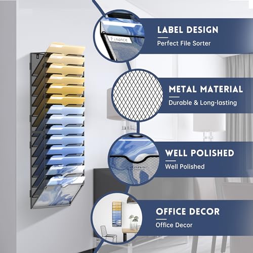 Wall File Organizer, 14 Tier Hanging Mail Organizer for Papers Folders, Wall Mounted, Black 2 Pack L441