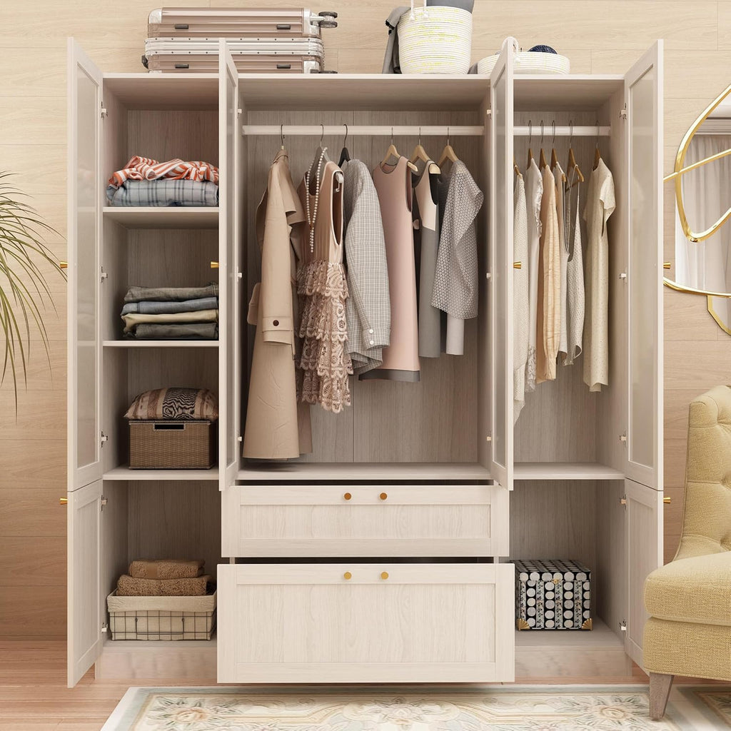 Armoire Wardrobe Closet with 4 Frosted Glass Doors, Hanging Bars, Shelves & Drawers O927454