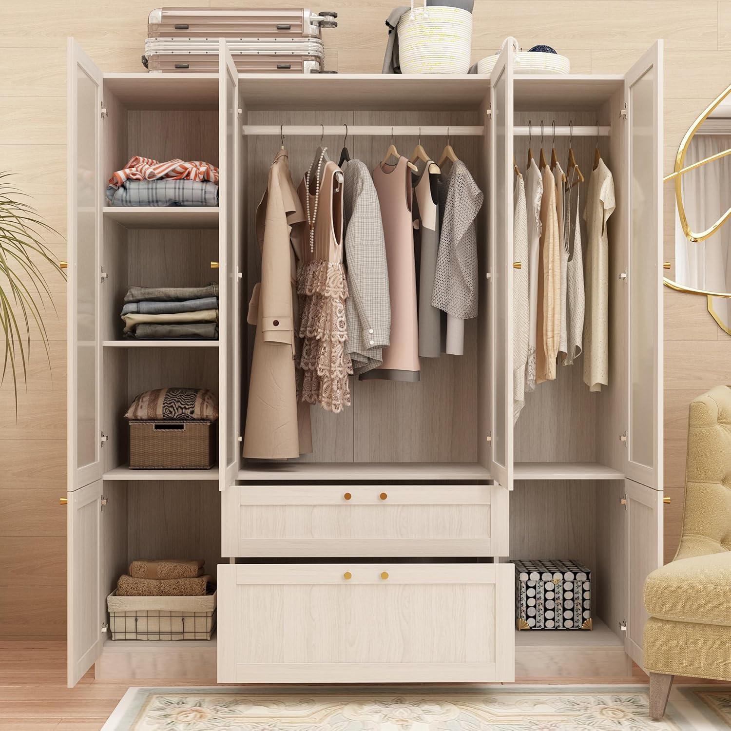 Armoire Wardrobe Closet with 4 Frosted Glass Doors, Hanging Bars, Shelves & Drawers O927454