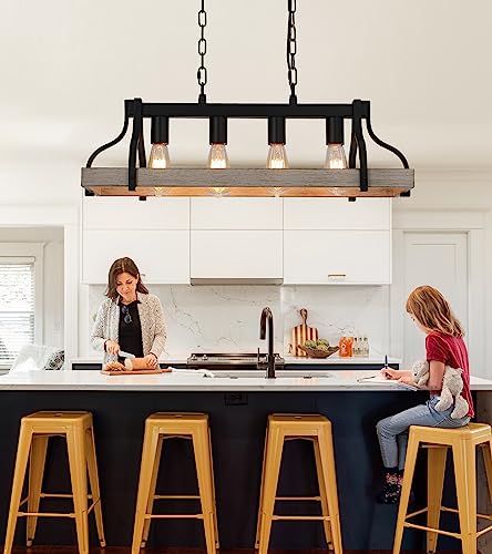 Farmhouse Linear Chandelier Black Wood Finish 4-Light Hanging Pendant P181031