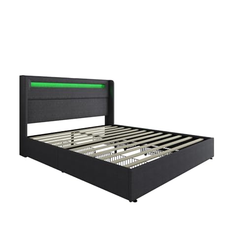 LED Bed Frame with Wingback Headboard and Storage Drawers J770439