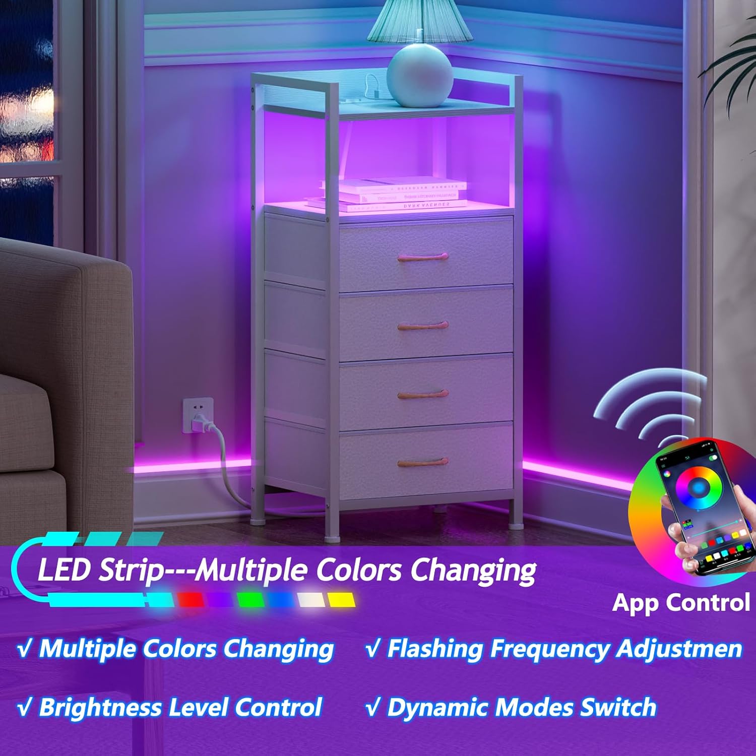 Nightstand with 4 Storage Drawers, LED Light and Charging Station Z553977