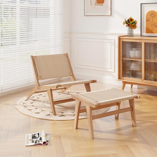 Teak Wood Ottoman Footstool with Braided Rope, 14" H B563