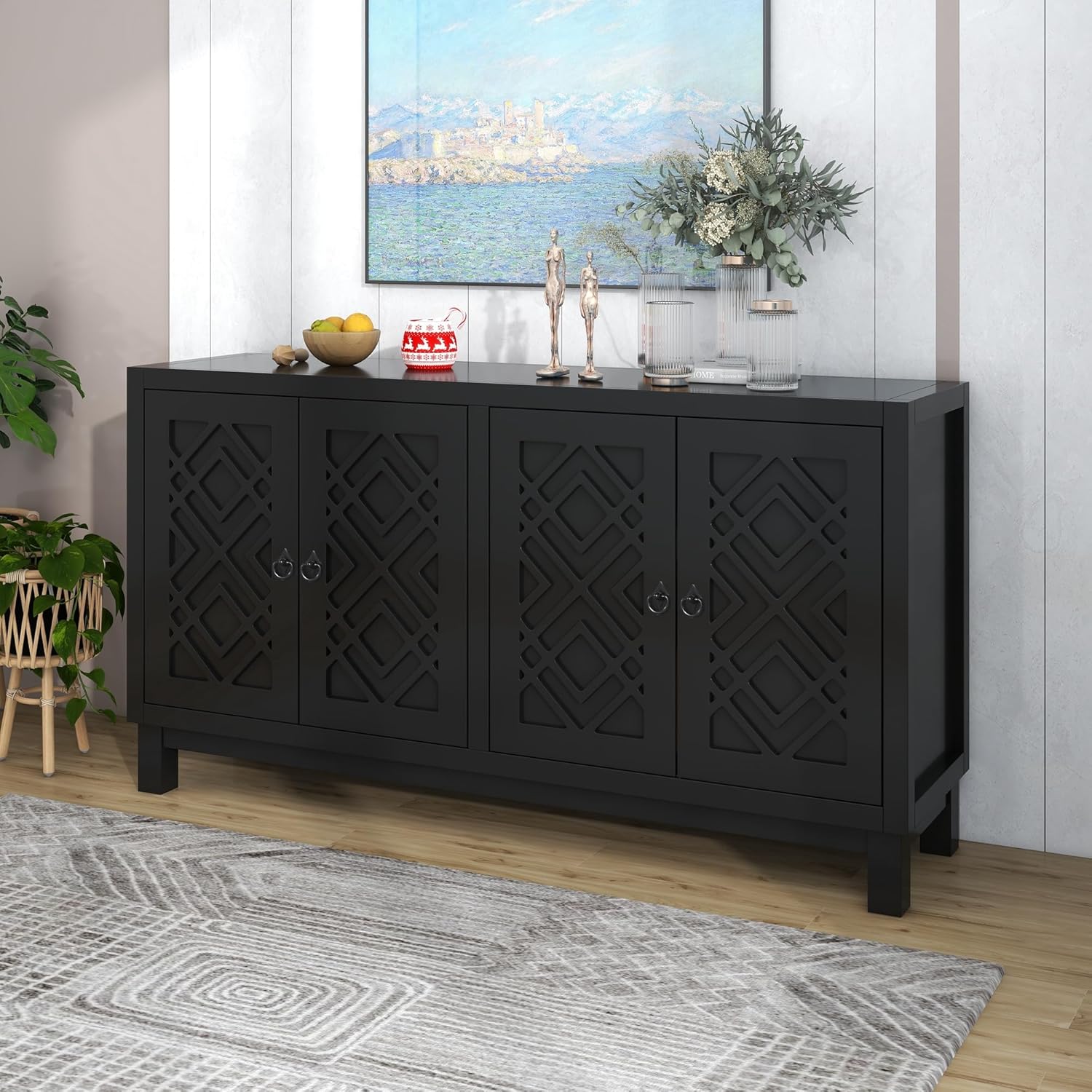 4 Door Storage Cabinet Sideboard with Pull Ring Handles W82398