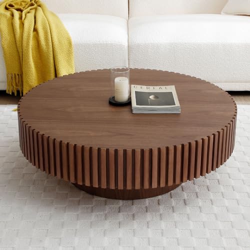 Round Coffee Table, Mid Century Modern Fluted Wood Drum Table for Living Room G127