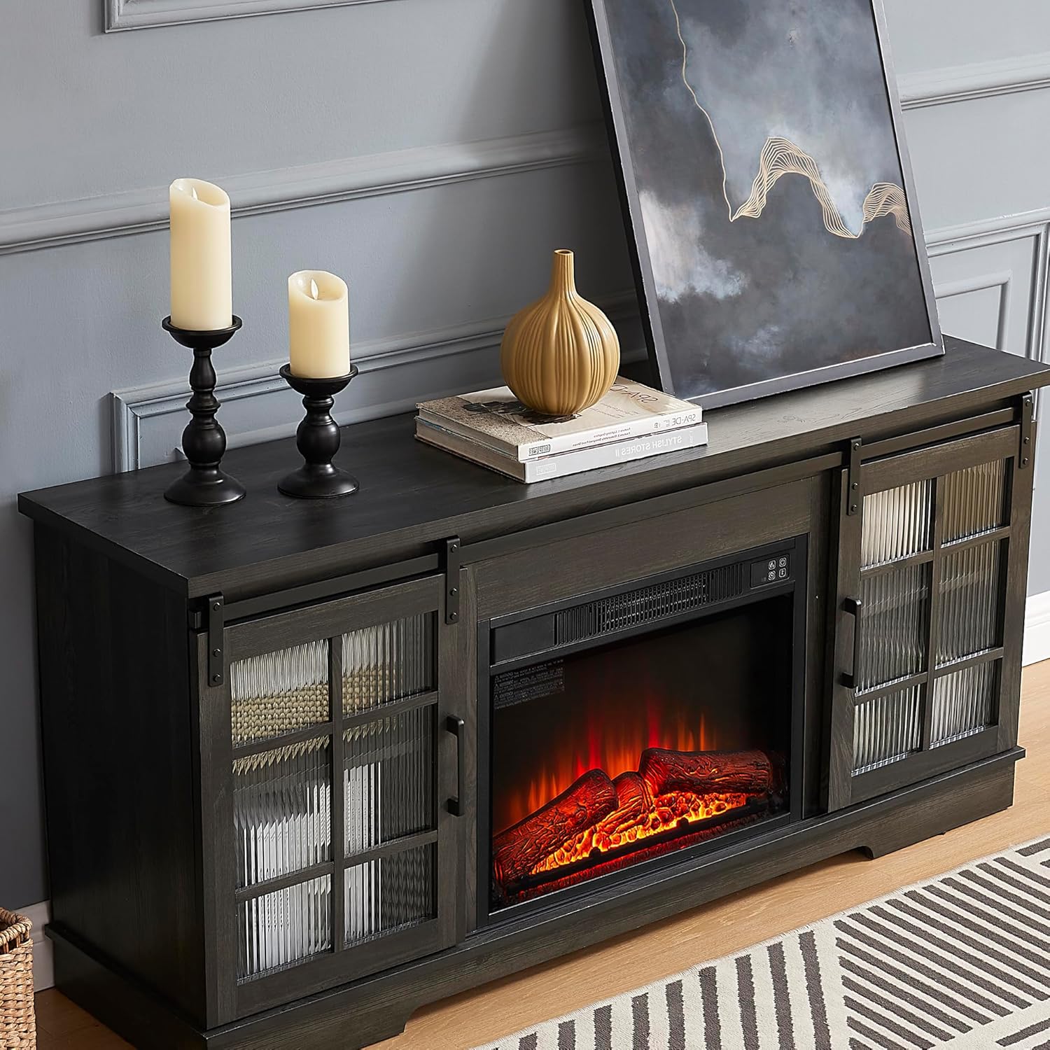 Fireplace TV Stand for 65 Inch TV with LED Lights and Storage Drawers R962995