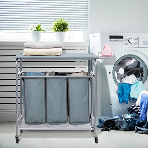 Laundry Sorter with Ironing Board and Rolling 3-Bag Hamper A957