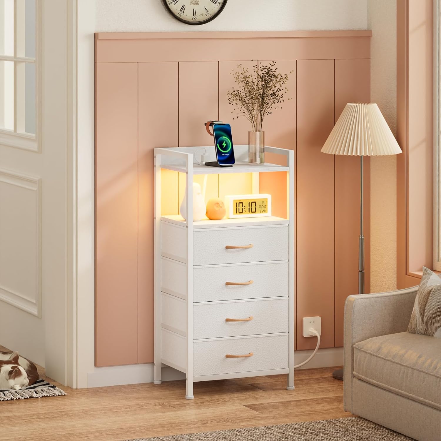 Nightstand with 4 Storage Drawers, LED Light and Charging Station Z553977