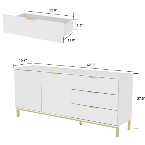 Sideboard Storage Cabinet with Drawers and Doors, Gold Metal Frame Legs, White A499