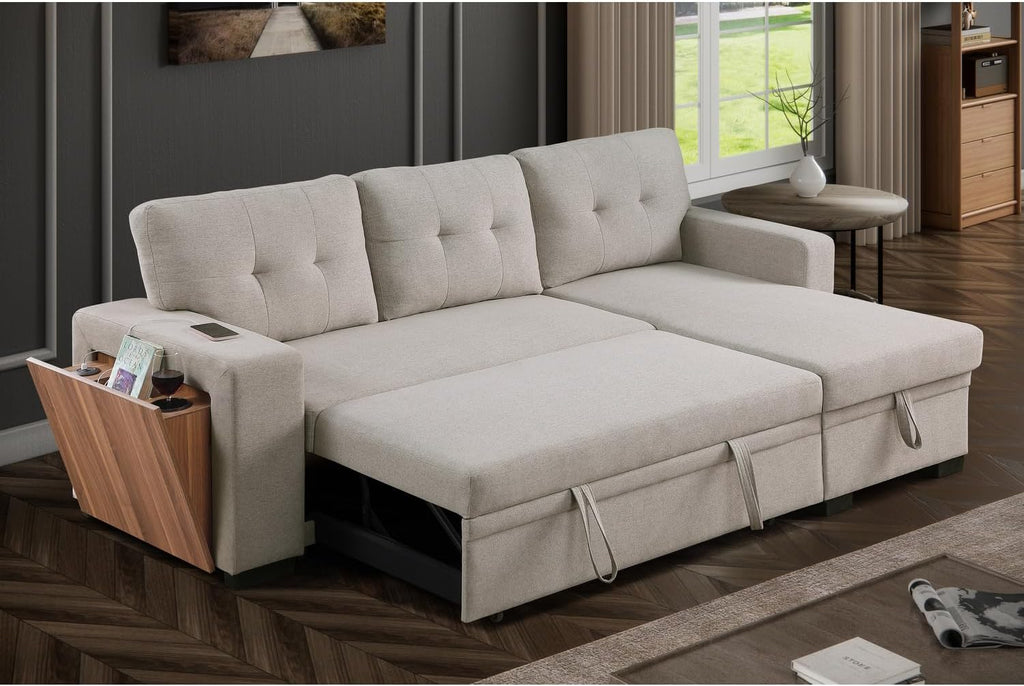 Modern L-Shaped Sleeper Sectional Sofa Bed with Chaise, Light Gray Z26874