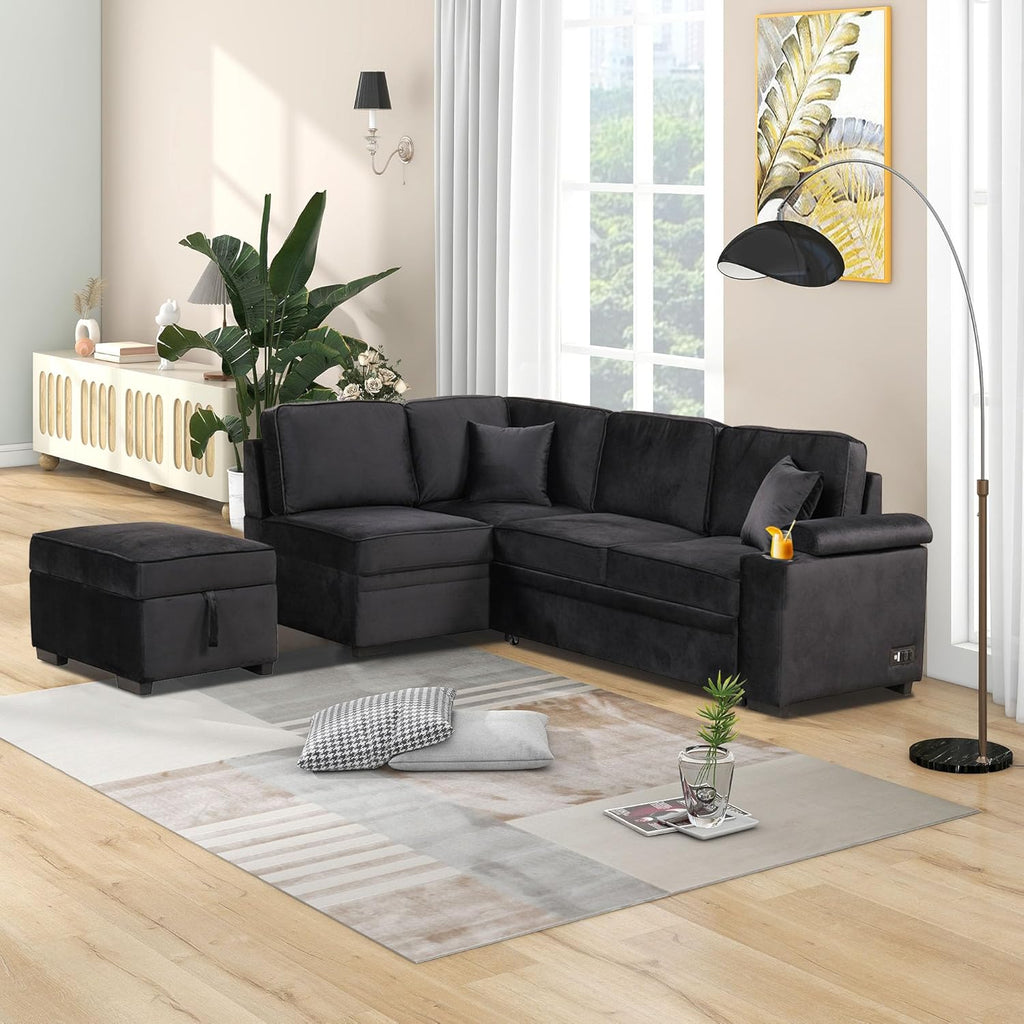 87.4'' Sleeper Sofa Bed,2 in 1 Pull Out Sofa Bed L Shape Couch with Storage Ottoman for Living Room,Bedroom Couch and Small Apartment, Black
