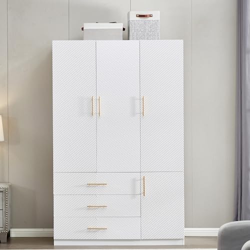 White 4 Door 3 Drawer Wardrobe Closet with Hanging Rod and Shelves R44132