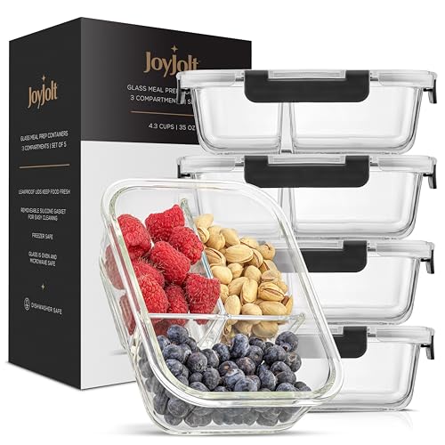 Glass Meal Prep Containers with Lids, 3 Compartment Bento Box, 5 Pack Q376068